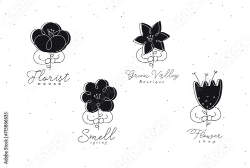 Obraz na płótnie Man with flower labels set drawing in minimalism linear style black w salonie