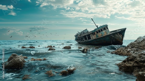 Abandoned boat on the seashore in the morning