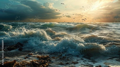 Beautiful seascape with sea waves and seagulls photo