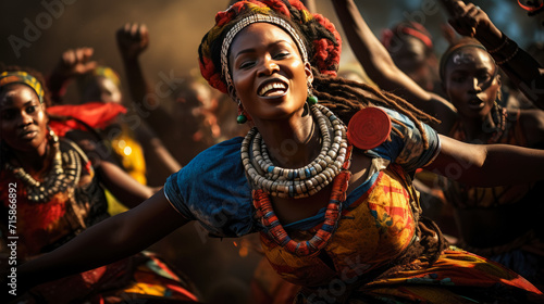 This visual narrative portrays a vibrant tribal festival in Africa. The photograph encapsulates the essence of the celebration--the colorful traditional attire, energetic dances, and communal spirit. 
