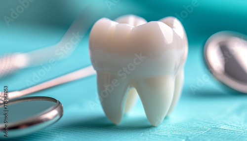 White tooth model, dental, mirror instruments, Copy space. Blue Background. Teeth care, dental treatment, tooth extraction, implant concept. Dental clinic special offer