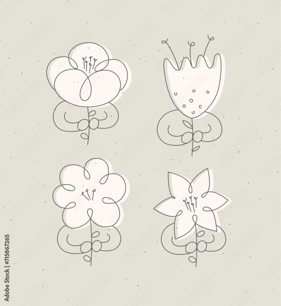 Man with flower set drawing in minimalism linear style drawing on beige background