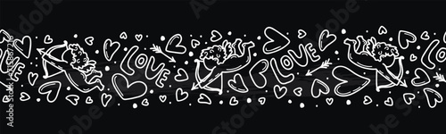 Black white seamless border with linear hearts,Cupid,arrow,hand lettering.Horizontal vector background with romantic  doodle elements.Valentine's Day or wedding events pattern for card,banner template photo