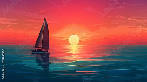 Sailboat Silhouette Against a Vibrant Sunset Over Calm Seas