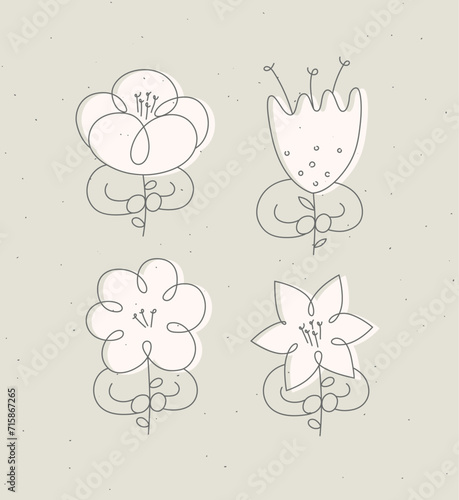 Obraz na płótnie Man with flower set drawing in minimalism linear style drawing on beige background w salonie