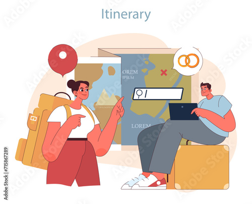 Itinerary planning concept. Eager couple maps out their honeymoon adventure, blending logistics with dreams of future joy.