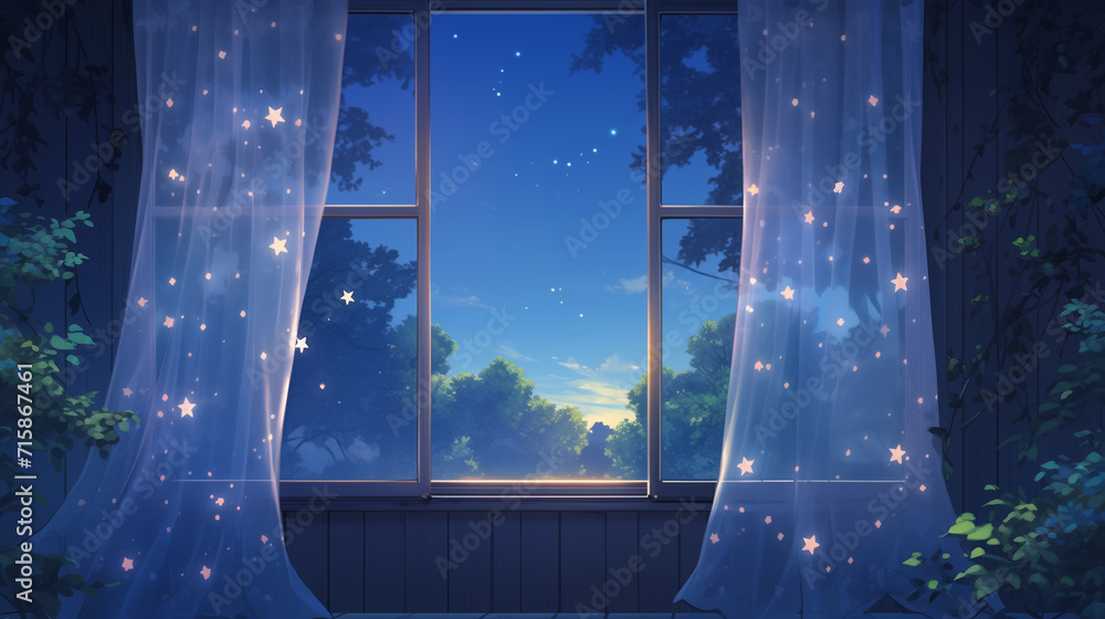 cartoon children's room, magic window with flying curtains. Starry sky - obrazy, fototapety, plakaty 