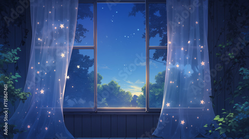 cartoon children's room, magic window with flying curtains. Starry sky photo