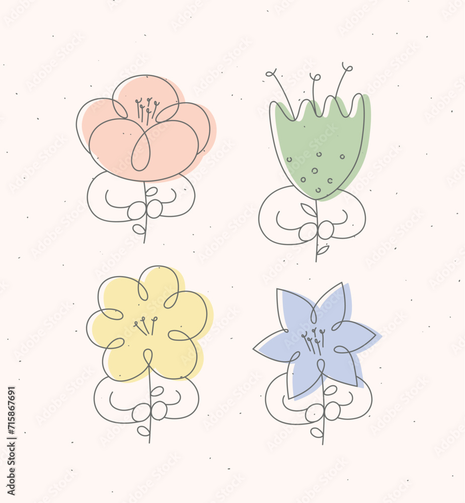 Man with flower set drawing in minimalism linear style drawing color on beige background