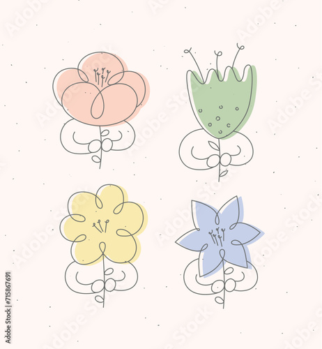 Obraz na płótnie Man with flower set drawing in minimalism linear style drawing color on beige background w salonie