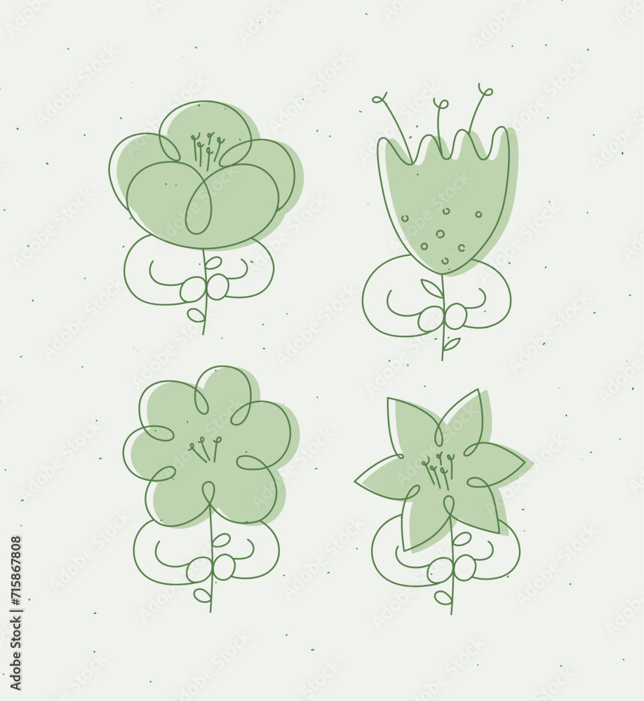 Man with flower set drawing in minimalism linear style drawing green on light background