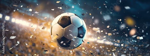 Soccer ball, Close up of a soccer ball in the football stadium with falling confetti. Goal Winning celebration  photo