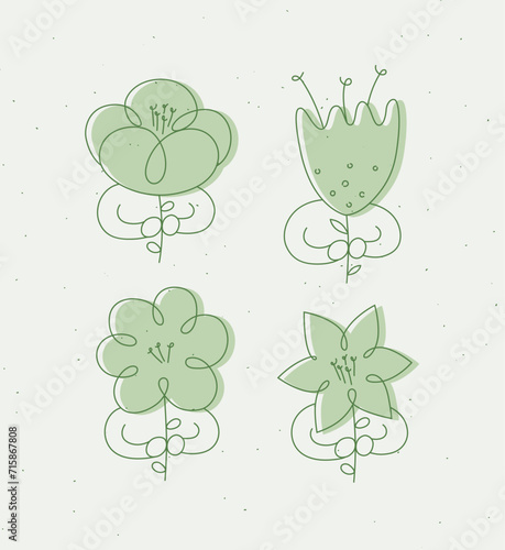 Obraz na płótnie Man with flower set drawing in minimalism linear style drawing green on light background w salonie