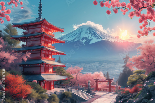 Banner with red white winter landscape theme in background. National foundation day design with famous Japanese landmarks like mount Fuji, Itsukushima Shrine. Illustration. Japan day photo