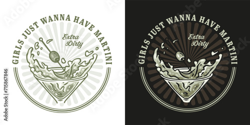 Martini cocktail vector with olive and splashes for alcohol for cocktail bar or drink party. Logo design with glass of martini for tee print of bartender or barman