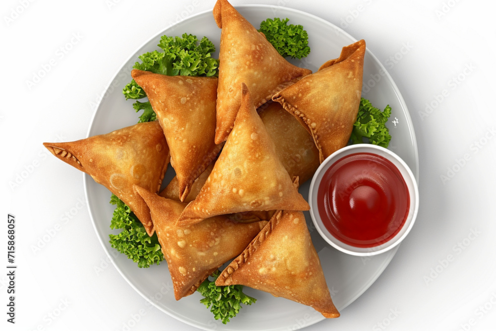 3D design illustrating a top view of a plate of Ramadan samosas with ketchup, isolated on a white background 3D design illustrating a top view of a plate of Ramadan samosas with ketchup, isolated on a white background