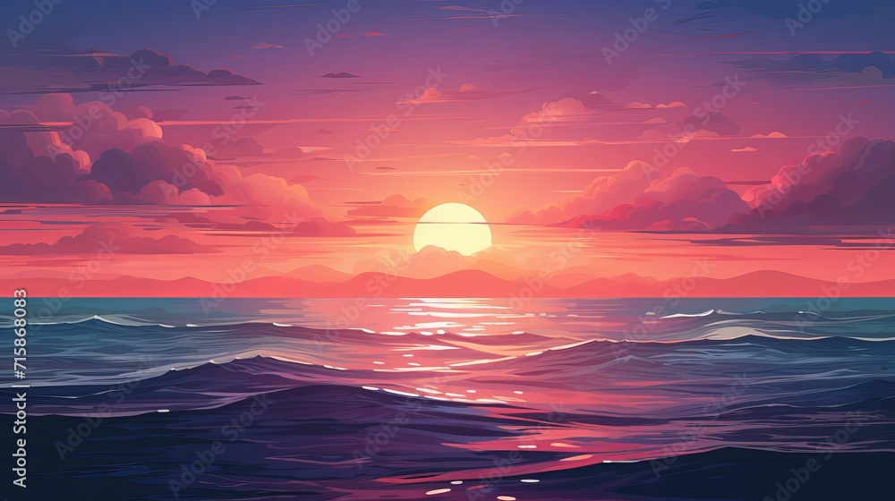 vibrant sunset over ocean waves with pink and purple sky, minimalist digital art landscape