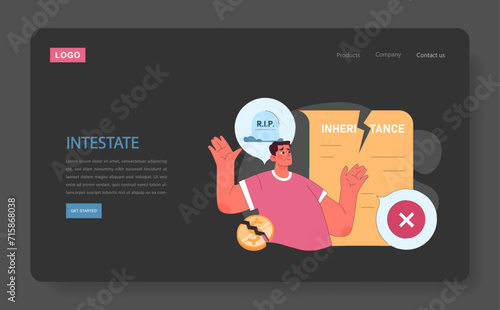 Inheritance dark or night mode web, landing. Man uncertain about an intestate estate with broken coin, indicating the complexities and consequences of dying without a will.