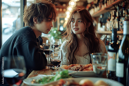 A young Asian couple dining in a restaurant.