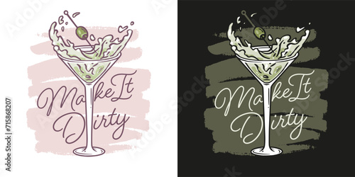 Martini cocktail vector with olive and splashes for alcohol for cocktail bar or drink party. Logo design with glass of martini for tee print of bartender or barman