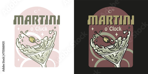 Martini cocktail vector with olive and splashes for alcohol for cocktail bar or drink party. Logo design with glass of martini for tee print of bartender or barman