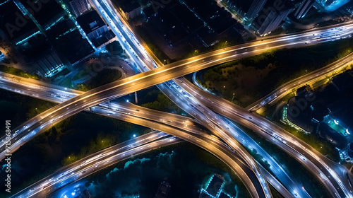 Expressway top view, Road traffic an important infrastructure, car traffic transportation above intersection road in city night, aerial view cityscape of advanced innovation, financial technology photo