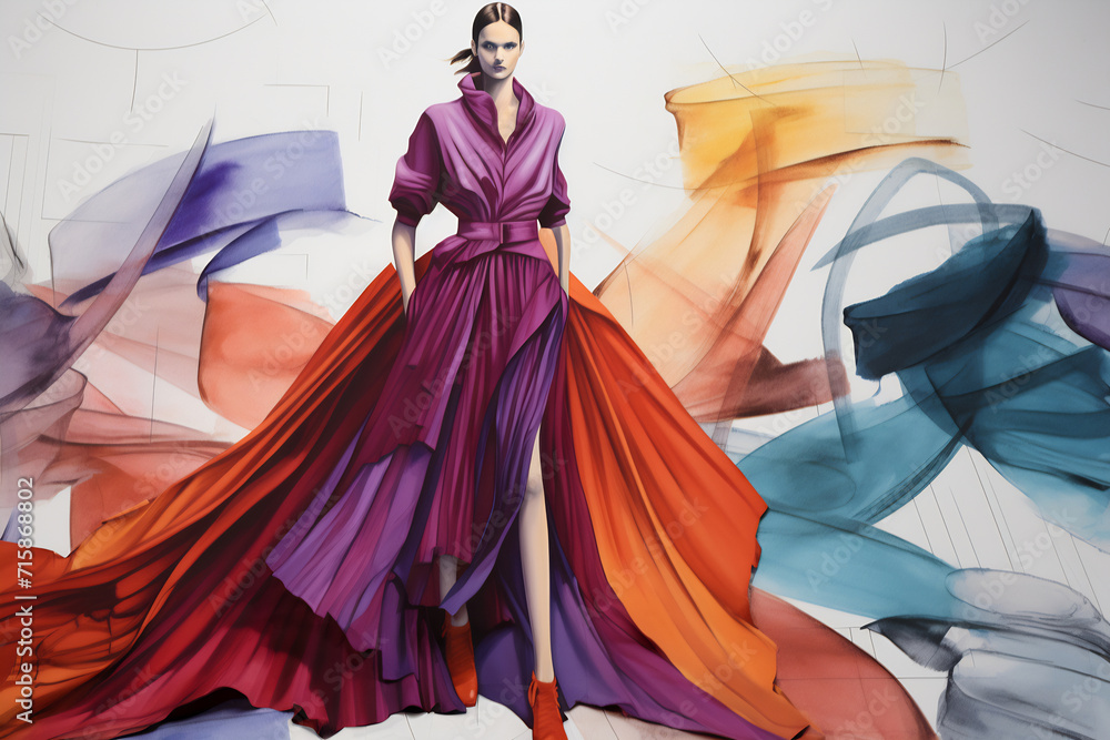 Fototapeta premium Vivid Couture: Fashion Model Amidst Colorful Fabric Waves