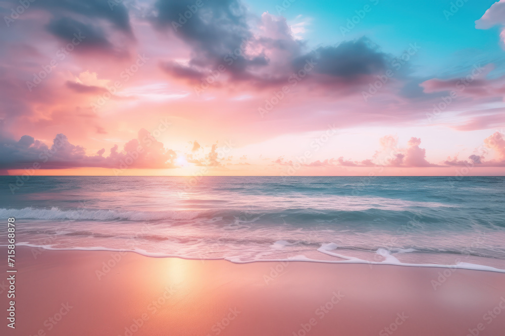 A sunset on a beautiful beach over blue sky and ocean.