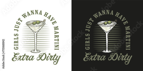 Martini cocktail vector with olive and splashes for alcohol for cocktail bar or drink party. Logo design with glass of martini for tee print of bartender or barman
