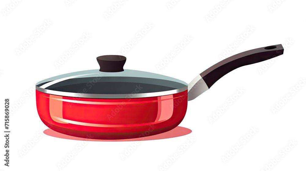 appealing icon of a red metal frying pan with a gray handle, isolated on a white background. appealing icon of a red metal frying pan with a gray handle, isolated on a white background.