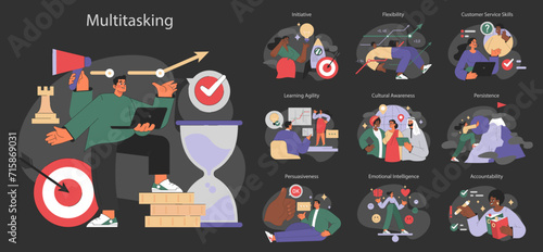 Soft skills set. Illustration of diverse characters displaying teamwork, emotional intelligence, and professional growth. Multitasking man anchors the concept.