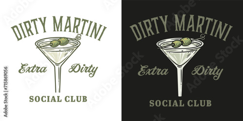 Martini cocktail vector with olive and splashes for alcohol for cocktail bar or drink party. Logo design with glass of martini for tee print of bartender or barman