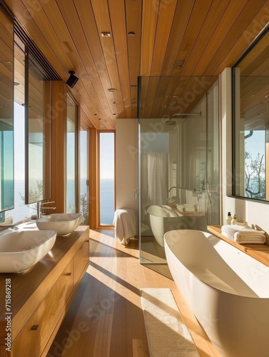 sleek bathroom interior boasting natural wood finishes and an expansive ocean view