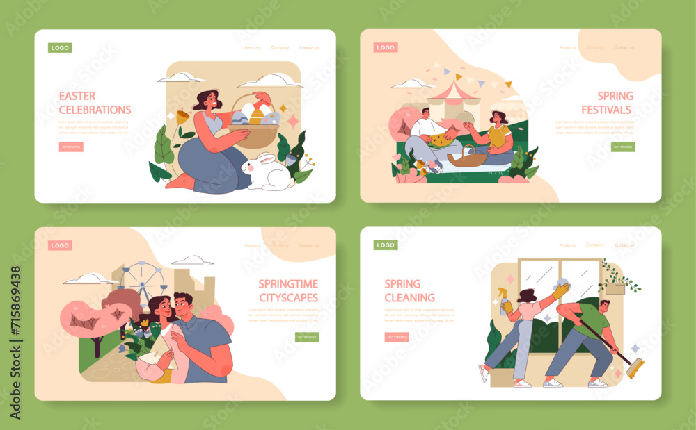 Fototapeta premium Nature's Awakening set. Celebratory moments of Easter, communal joy of spring festivals, urban blooms, and household rejuvenation.