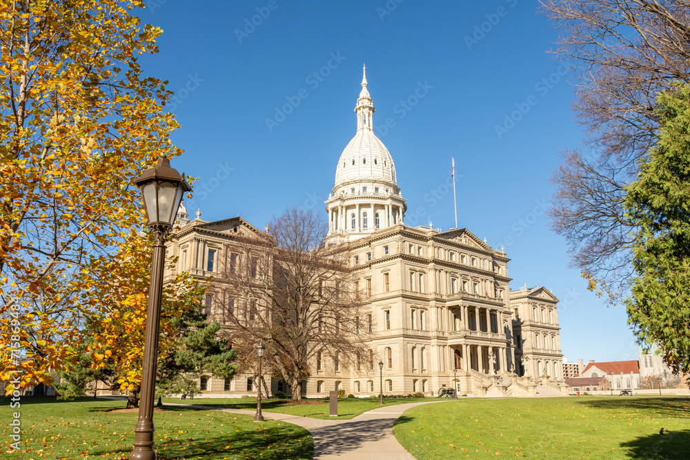 Late fall at the Michigan State Capitol building in Lansing, Michigan.  USA.