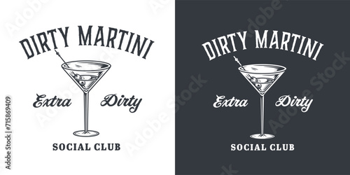 Martini cocktail vector with olive and splashes for alcohol for cocktail bar or drink party. Monochrome print or logo design with glass of martini for bartender or barman