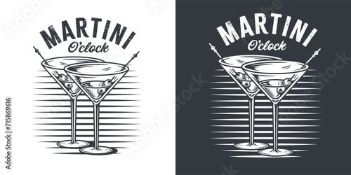Martini cocktail vector with olive and splashes for alcohol for cocktail bar or drink party. Monochrome print or logo design with glass of martini for bartender or barman