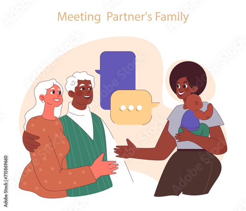 Meeting partner's family. Elderly couple embracing, introducing family member with a baby. Generational bonding. Flat vector illustration