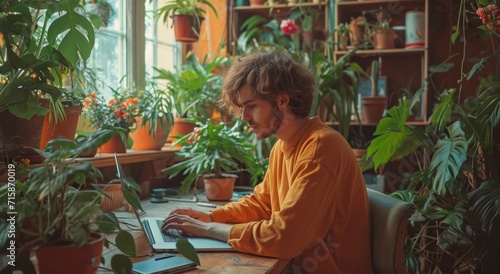 man with hair in his head in front of laptop and plants