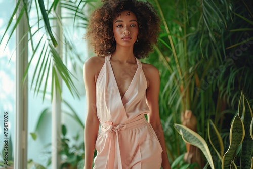 a model wears a pale pink jumpsuit and sandals