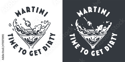 Martini cocktail vector with olive and splashes for alcohol for cocktail bar or drink party. Monochrome print or logo design with glass of martini for bartender or barman