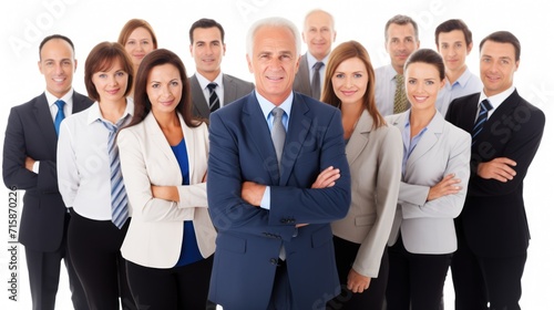 A cohesive team of individuals in business attire stands on a white background, projecting professionalism and unity.