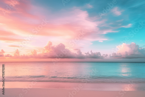 A sunset on a beautiful beach over blue sky and ocean. © beyouenked