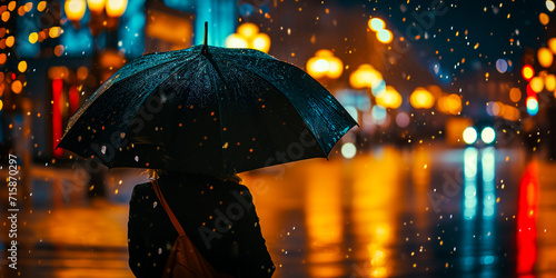 Compelling nightscape: Woman authentically embracing heavy rain with an umbrella. Dark cyan and amber hues evoke relatable emotions and environmental awareness photo