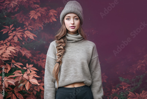 a girl in gray sweater, hat and long coat