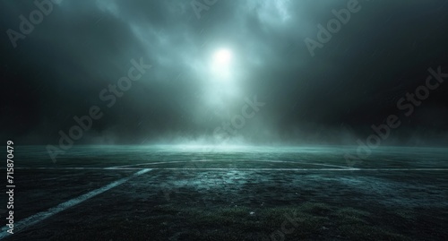 dark football pitch with light coming from a spotlight that shines on it