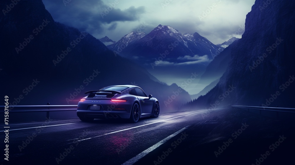 A bright cobalt blue super-sport car, racing in a dark, misty mountain pass at twilight,