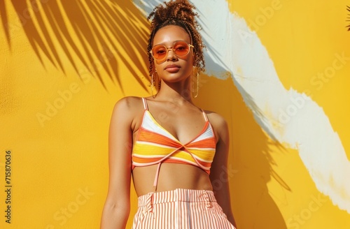 a woman wearing striped pants and a top