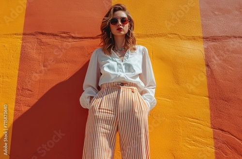 a woman wearing striped pants and a top