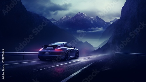A bright cobalt blue super-sport car, racing in a dark, misty mountain pass at twilight, © Khurram
